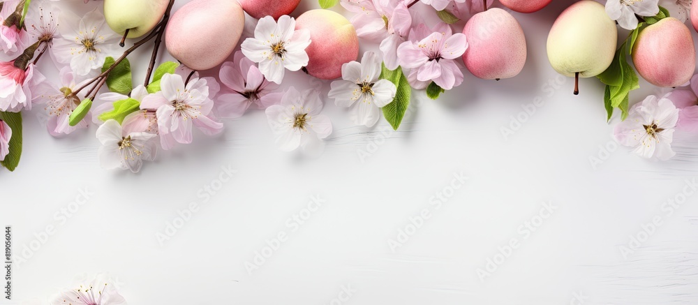 Leinwandbilder easter decoration pink and white flowers apple tree with easter eggs with space for text on a light 