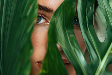 close up of beautiful woman hiding behind large green leaf - skincare beauty photography