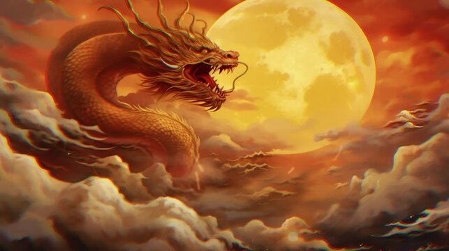 a golden dragon flying over the yellow golden full moon, red sky with clouds, lunar year, chinese, for postcard