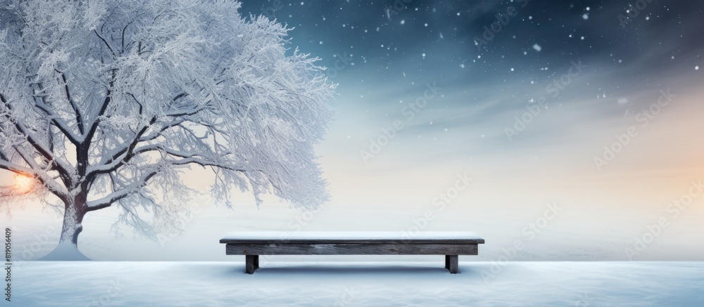 Aufkleber a festive scene with a wooden table in the forefront surrounded by a snowy landscape and a beautiful