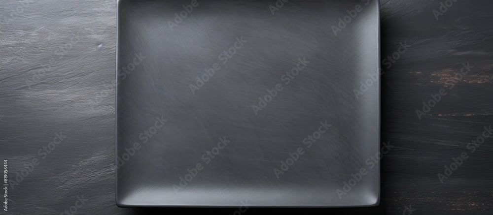 Poster empty square black plate over dark slate aerial view with copy space