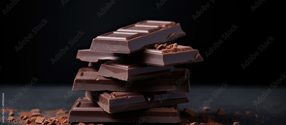 Aufkleber chunks of broken chocolate stacked on black board chocolate bars pieces stack on black background sw