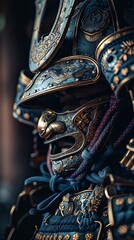 Fototapeta premium Detailed close-up of an ancient samurai armor, showcasing intricate design and craftsmanship, a symbol of Japanese culture and history.