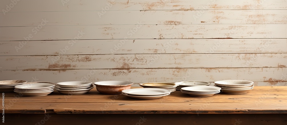 Poster empty plates with a copy space for food on a white aged wooden kicthen table background