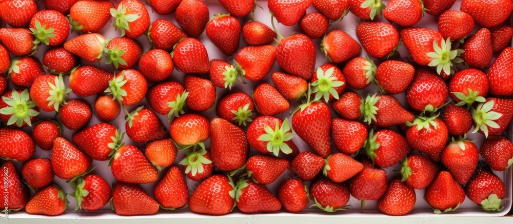 Poster A close up top view of strawberries spread out on a white surface inside a recycled paper food container There is empty space available for text or objects in the image. copy space available