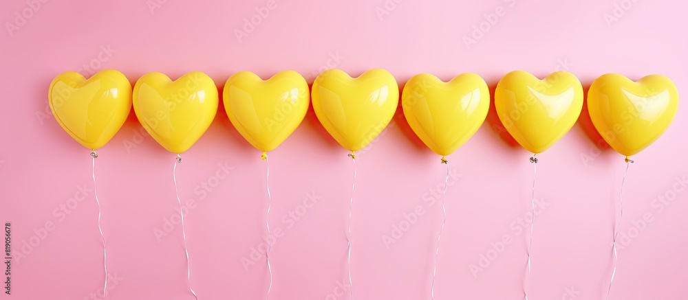 Poster heart shaped balloons and yellow card on pink background flat lay space for text. copy space availab