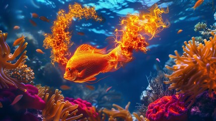 Fototapeta na wymiar Vivid Coral Fire in the Shape of a Fish Swimming Over Coral Reef Background