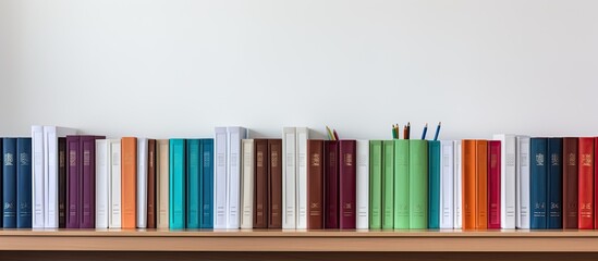 School binders and notebooks on a wood shelf against a white wall banner background Back to school concept Copy space
