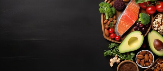 A top view of a copy space image showcasing a selection of nutritious and well balanced foods...