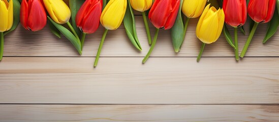 Red and yellow tulips on light wooden boards Space for text banner. copy space available