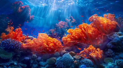 Vivid Coral Fire in the Shape of a Fish Swimming Over Coral Reef Background