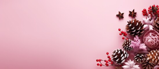 A festive Christmas arrangement featuring a gift pine cones on a pink background The composition is displayed from above with room for additional elements in the image