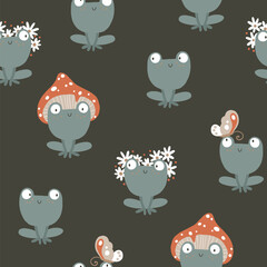Obraz premium Frogs seamless pattern. Cute cartoon characters in a toadstool mushroom hat with flowers wreath with butterfly in simple hand drawn style. The limited vintage palette is ideal for baby prints, fabric