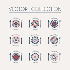 Asian food logo templates set. Vector ethnic ornamental design for restaurants and cafes. Emblems with plate, spoon and fork