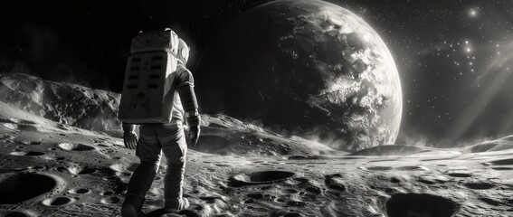 An astronaut on the surface of the moon looks at planet earth.