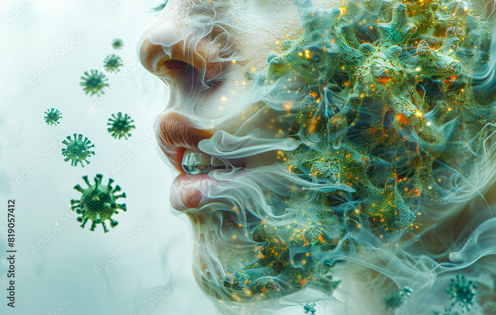 Wall mural Double exposure of woman inhaling airborne pollen and microscopic viruses