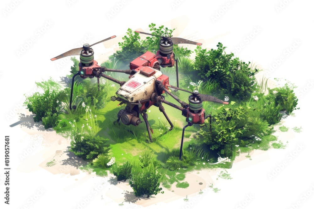 Poster advanced isometric drone technology in organic farming for vector crop management using agricultural