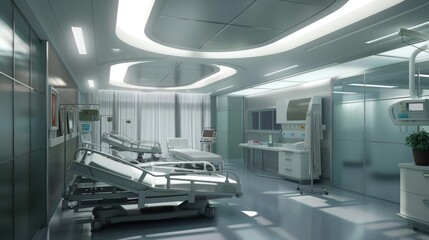 Obraz premium This image depicts a state-of-the-art hospital room featuring an empty patient bed, medical devices, and clean facilities