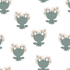 Obraz premium Frogs seamless pattern. Cute cartoon characters with flowers wreath in simple hand drawn style. The limited vintage palette is ideal for baby prints, fabrics.