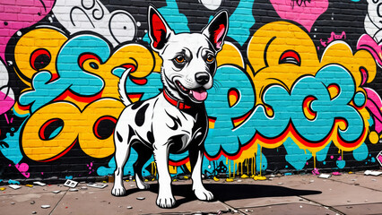 dog on graffiti brick wall