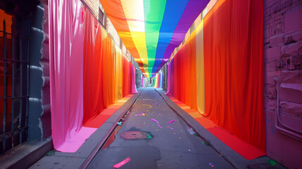 An alleyway transformed with floor-to-ceiling rainbow ribbons, creating a tunnel effect for a pride event - Powered by Adobe