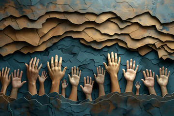 A multitude of hands, sculpted in meticulous detail, reach upward in a dramatic display from a slate blue diorama, their varied positions and forms creating a powerful and evocative scene 