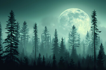 The large, glowing moon casts an ethereal light over a dense pine tree forest, its towering silhouettes enveloped in a thick blanket of fog, creating an atmosphere of mystery and quiet beauty