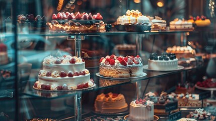 Delicious fresh cakes in the pastry shop behind the glass.