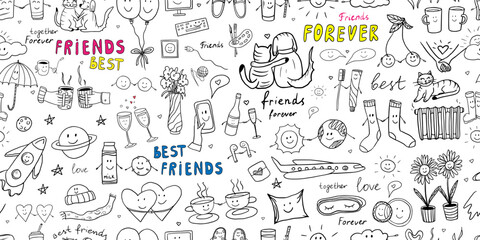 Cute seamless pattern of friendship clipart in doodle style. Big collection with quotes, hearts, sweet, drinks, cats, dogs, sun, space, cups, party decoration. Hand drawn icons © Natalia
