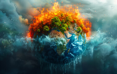 Planet Earth is burning in the forest at night. Ecological catastrophe.