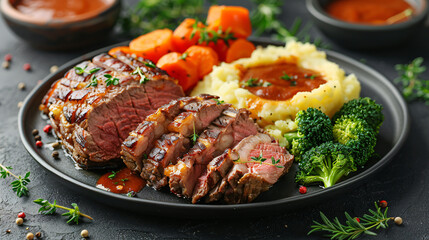 Sliced roast beef with mashed potatoes carrots