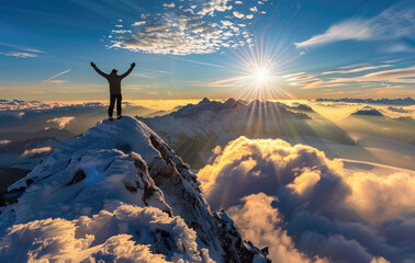 A person standing at the top of the mountain, arms raised in victory with their back to us, overlooking a sea of clouds and snow-covered mountains at sunrise