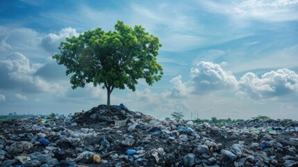 a green tree swimming in a sea of ​​plastic waste, world plastic bag free day 