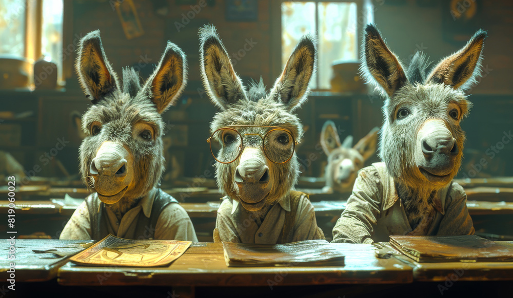 Aufkleber a image of donkeys sitting in a classroom. three donkeys sit at desk in classroom