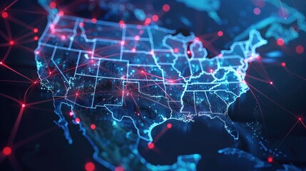 Digital map of USA, concept of North America global network and connectivity, data transfer and cyber technology