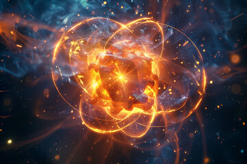 Energetic quantum particle simulation with glowing orbits.