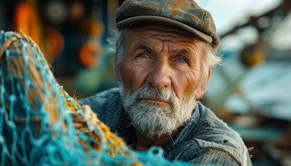 Old fisherman holds fishing net and looks into the distance.
