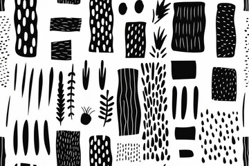 Stylish Monochrome Abstract Art Featuring Textural Black Shapes and Botanical Motifs.