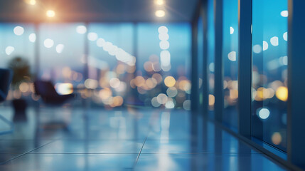 Contemporary office boasts panoramic windows, ambient lighting, and a stunningly blurred background.