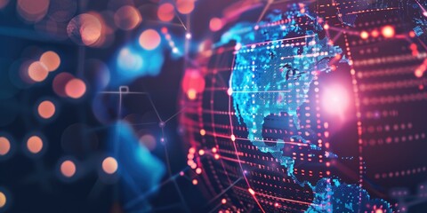 Obraz premium Digital world globe centered on USA, concept of global network and connectivity on Earth, data transfer and cyber technology