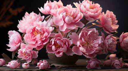 Fleur de pivoine rose, beauté naturelle. Bouquet floral en gros plan, pétales roses et blanches. Jardin en floraison au printemps et été. Plante isolée, couleurs vives, feuilles vertes.