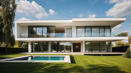 Fototapeta premium Architecture modern villa with large green yard in sunny weather, 3D building design illustration