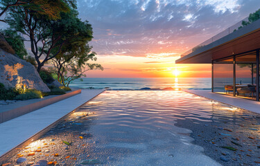 Infinity swimming pool on the beach with beautiful seaview at sunset.