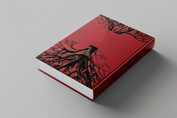 Red-themed book mockup featuring roots with 'Book Mock Up' text on cover,