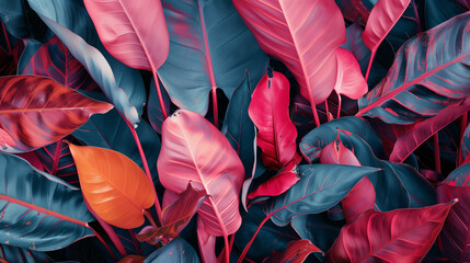Green and colored tropical leaves on bright colorful background