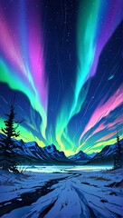 Northern lights, mountains, scene landscape, Anime illustration, anime background, vibrant, glowing, cinematic