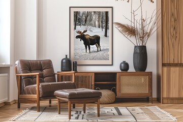 Cozy Scandinavian interior featuring elegant furniture with a framed moose artwork and warm natural tones
