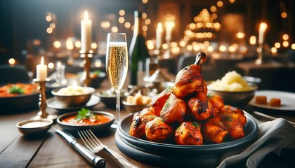 scenic view of tandoori chicken, champagne