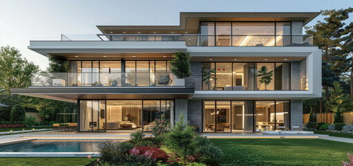 exterior shows a symmetrical design with large glass windows and white stucco walls on both sides...