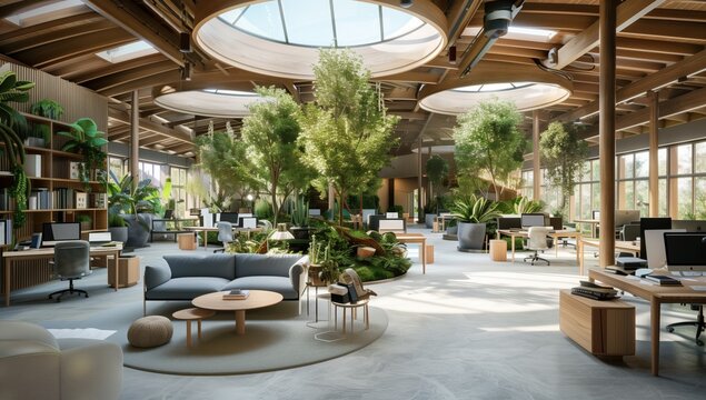 A large, naturally lit eco-friendly office space with many plants, comfortable seating, and wood finishes